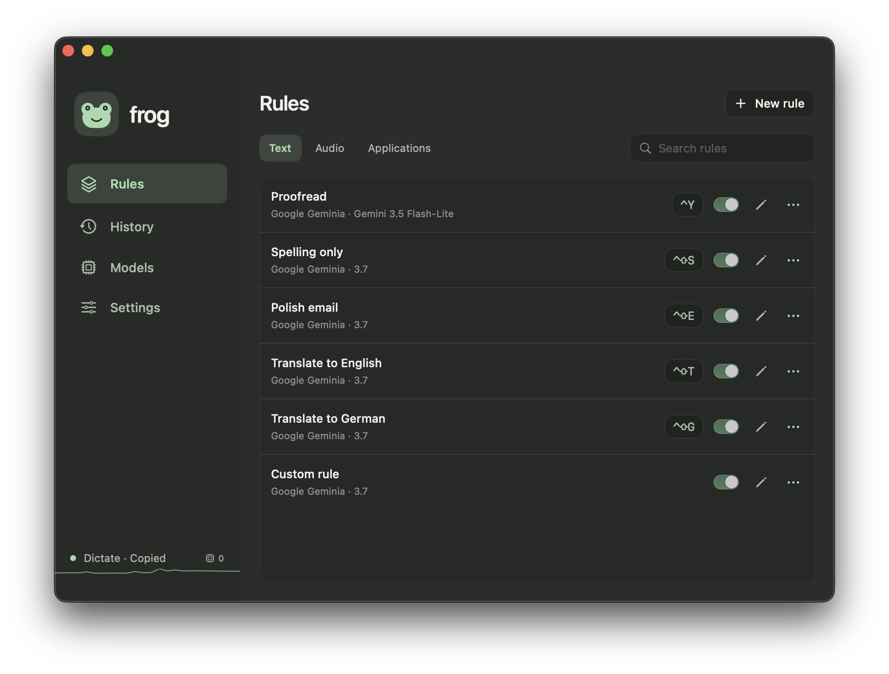 Frog’s real Rules screen with proofreading, spelling, email, translation, and custom rules