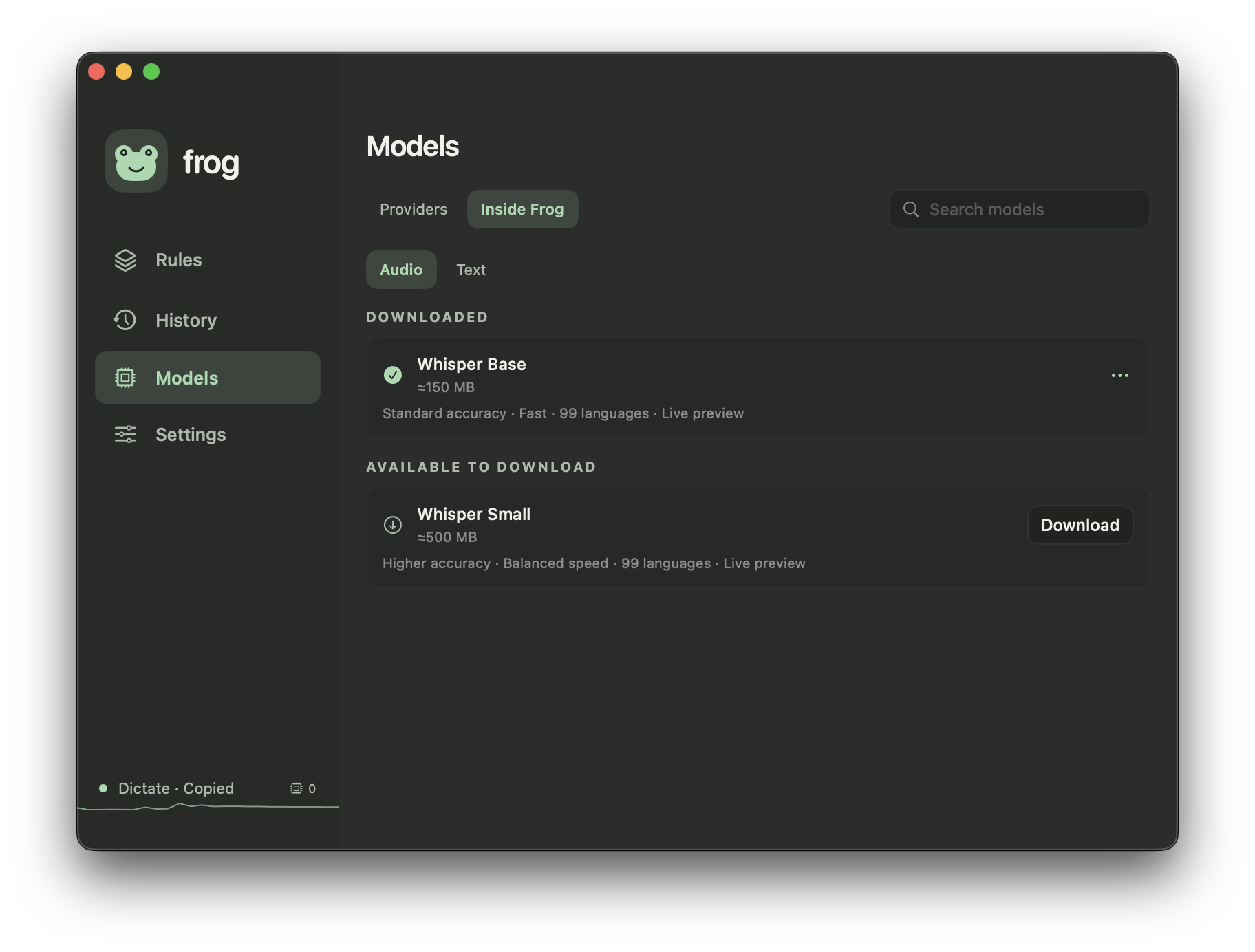 Frog’s real Models screen showing downloaded Whisper Base and available Whisper Small models