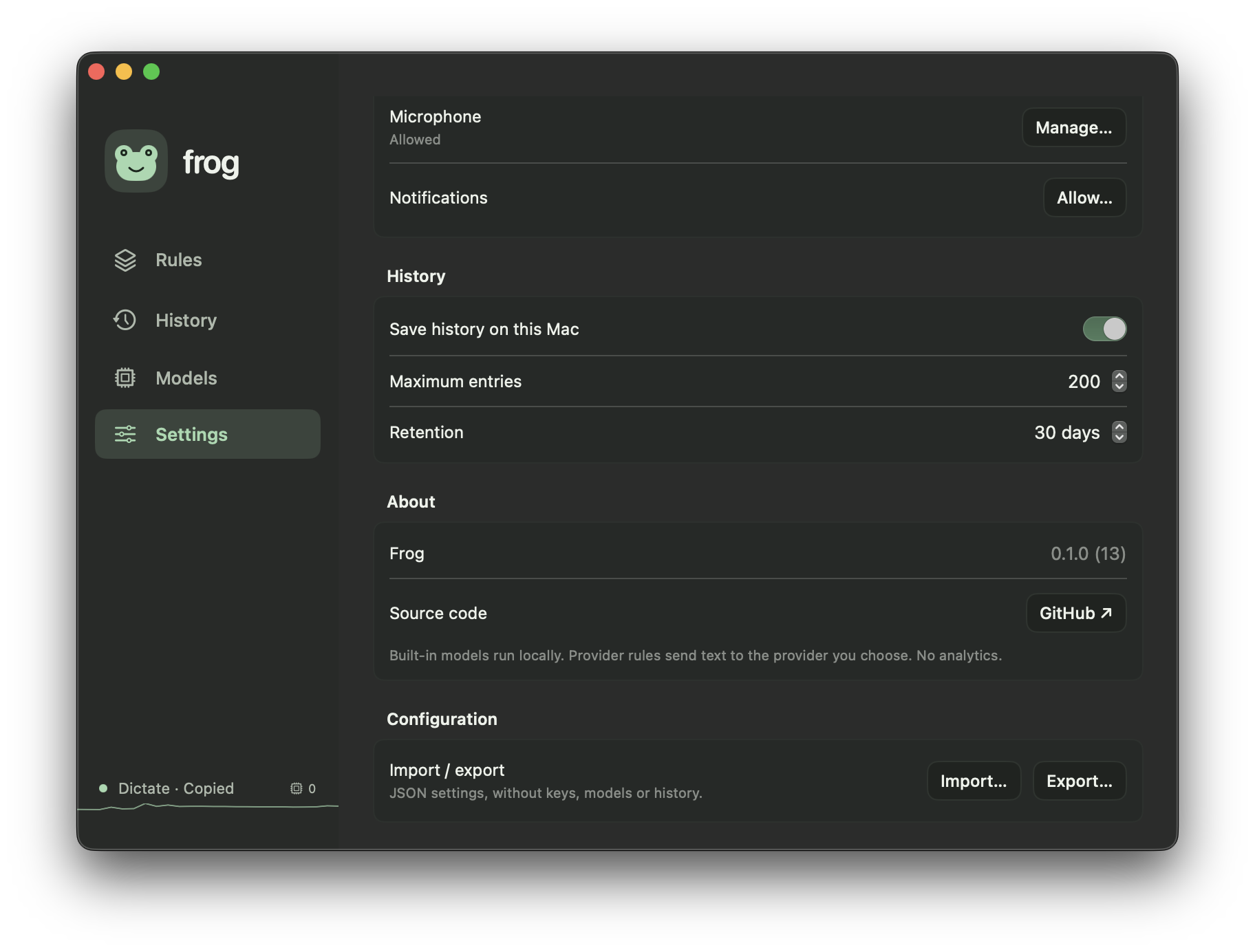 Frog’s real Settings screen with local history retention and configuration import and export